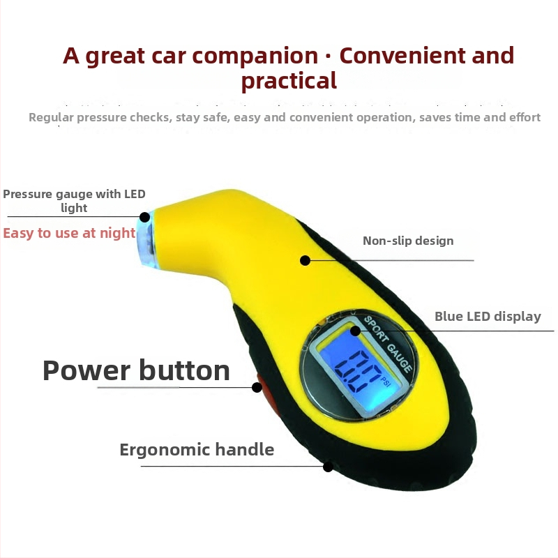 Augstas precizitātes elektroniskais digitālais riepu spiediena mērinstruments ar LCD displeju, pārnēsājams, LED apgaismojums