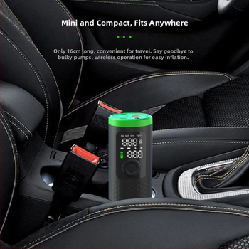 Nešiojama belaidė oro pompa automobiliams, motociklams, dviračiams ir kamuoliukams; vieno cilindro dizainas; oro srautas 25 L/min; skaitmeninis ekranas; baterija 7.4V 18.5Wh; svoris 432 g