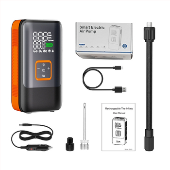 Kompaktiška belaidė dviejų cilindrų automobilių oro siurblys — 12V, 100W, 50 cm žarna, skaitmeninis ekranas