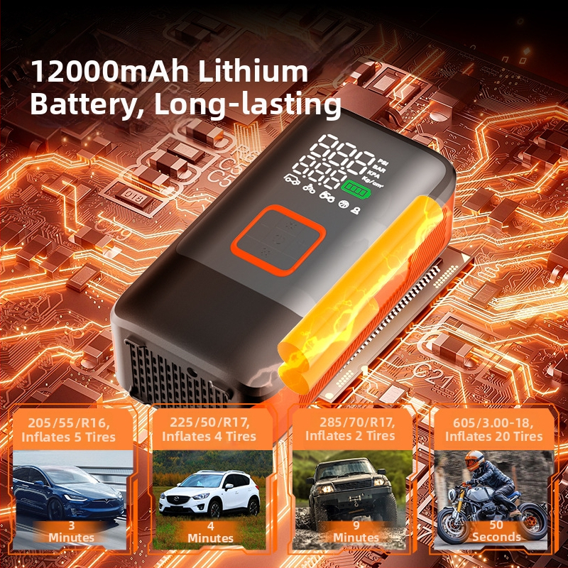 Kaasaskantav juhtmevaba kahekolbiga autoõhu pump — 12V, 100W, 50 cm voolik, digitaalse ekraaniga