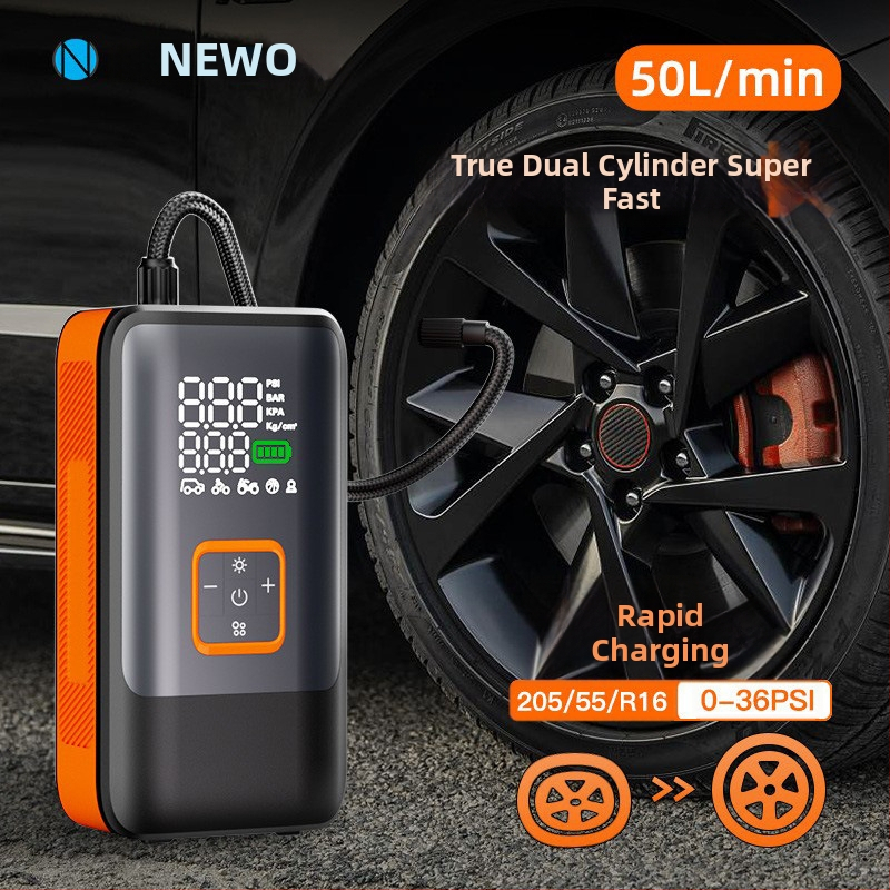 Kompaktiška belaidė dviejų cilindrų automobilių oro siurblys — 12V, 100W, 50 cm žarna, skaitmeninis ekranas