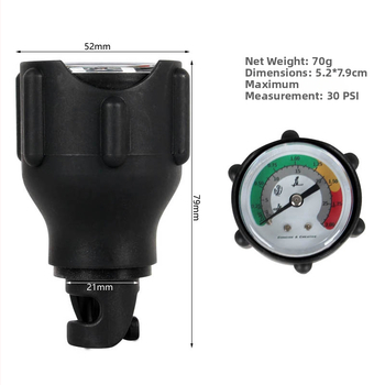 Gaisa spiediena manometrs iepūšamām laivām un SUP dēļiem — mērījumu diapazons 1–30 psi (2 bar), modelis 30 psi, materiāls PP, svars 70 g