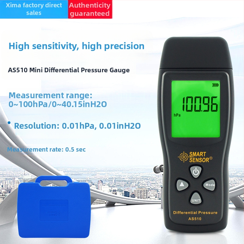 Hima AS510 diferenciālais spiediena mērītājs, portatīvs, ar digitālo displeju