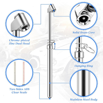 Divgalvu riepu spiediena mērinstruments, modelis 1268, materiāli: cinka sakausējums/nerūsējošais tērauds/ABS, spiediena diapazons 10-150 psi, precizitāte 1 psi