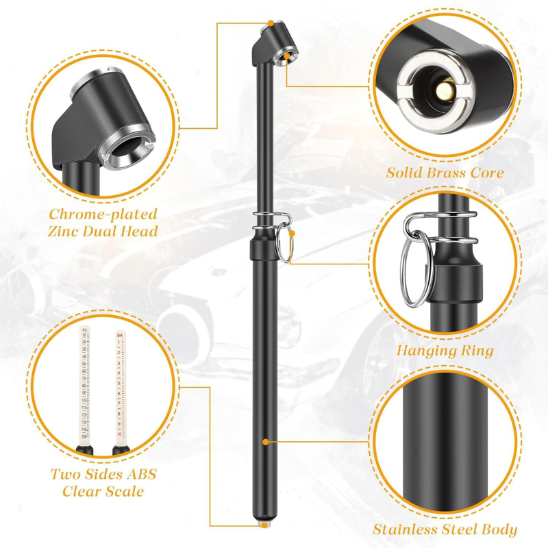 Divgalvu riepu spiediena mērinstruments, modelis 1268, materiāli: cinka sakausējums/nerūsējošais tērauds/ABS, spiediena diapazons 10-150 psi, precizitāte 1 psi