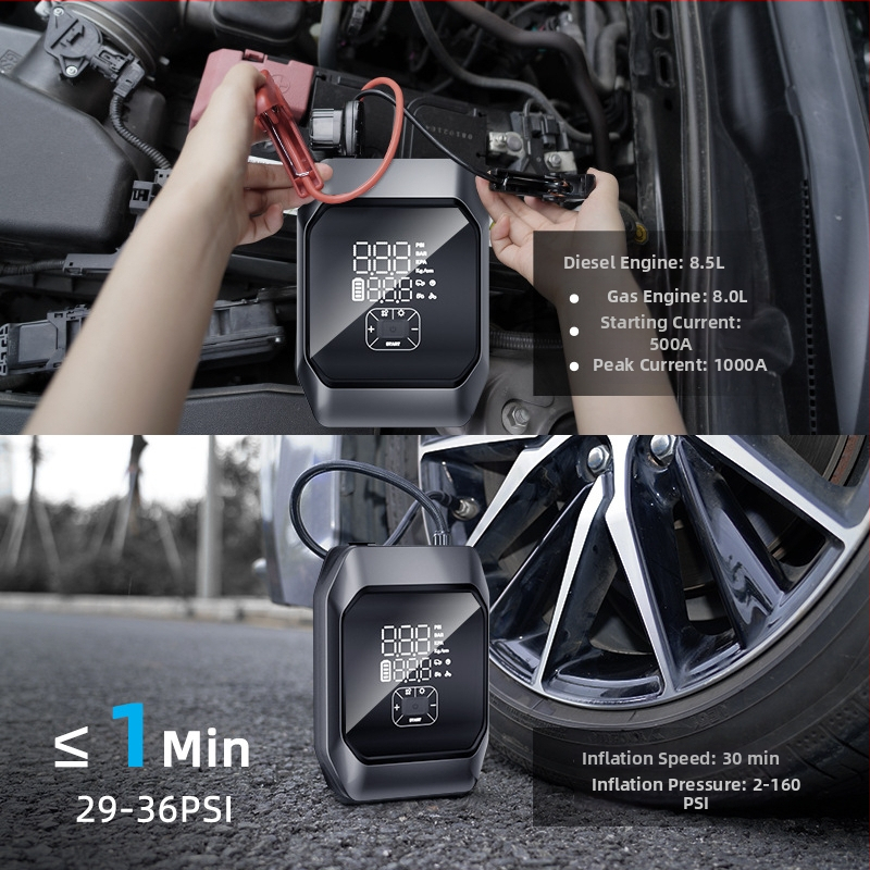 Visą į vieną - nešiojamas automobilio užvedimo įrankis ir oro siurblys (12V, 120W, įkraunamas, 35 L/min, >20 min veikimo laikas)