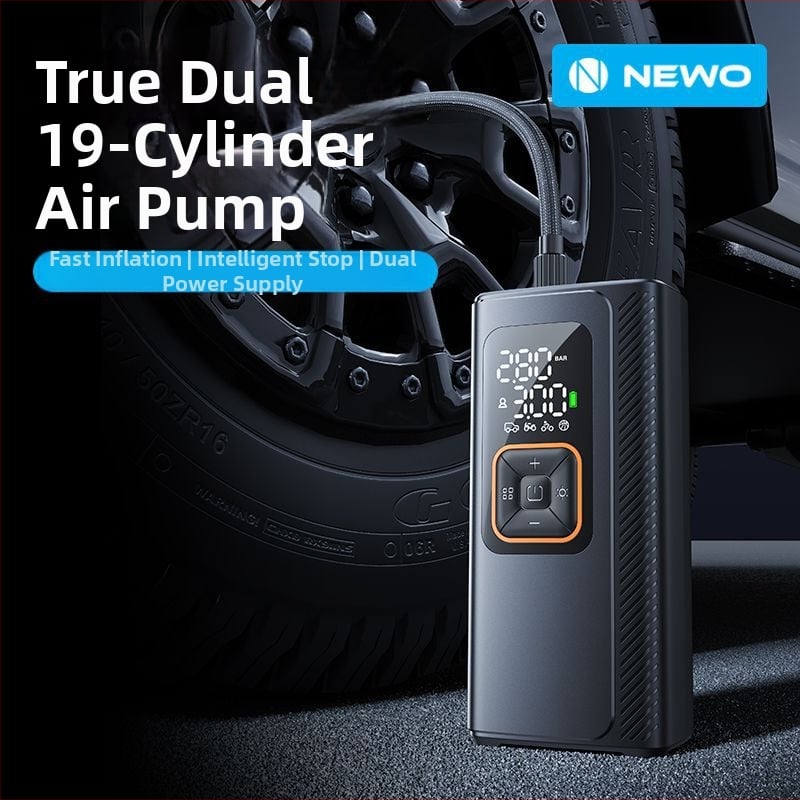 Belaidinė automobilių oro pompa, dviejų 19 cilindrų belaidė, 130W inflatorius, 7500mAh Type-C įkrovimas, 40 L/min, skirta automobiliams, motociklams, elektrinėms transporto priemonėms ir dviračiams, su skaitmeniniu displeju