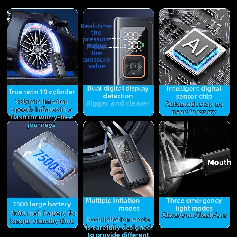 Juhtmevaba autoõhu pump, topelt 19-silindri, kaasaskantav 130W inflator, 7500mAh Type-C laadimine, 40 L/min, auto, mootorrattad, elektrilised sõidukid ja jalgrattad, digitaalne kuvaga