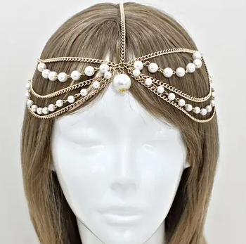 Верига за глава с перли, бохо стил, 4 клипа, регулируема дължина, кръстосан дизайн