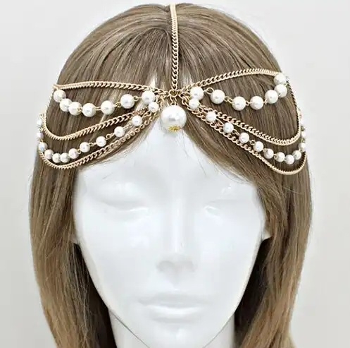 Верига за глава с перли, бохо стил, 4 клипа, регулируема дължина, кръстосан дизайн