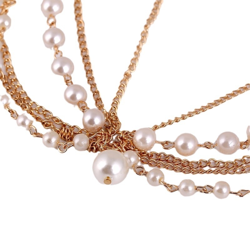 Верига за глава с перли, бохо стил, 4 клипа, регулируема дължина, кръстосан дизайн