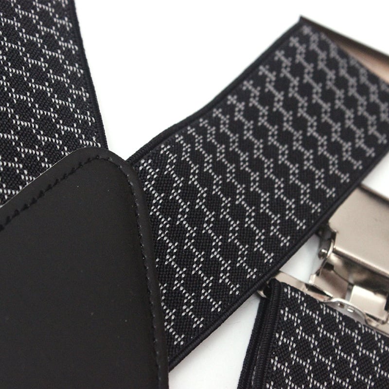 Мъжки презрамки за панталони - еластична лента с PU кожа и метални клипове, 4 клипа, кръстосан гръб, регулируема дължина