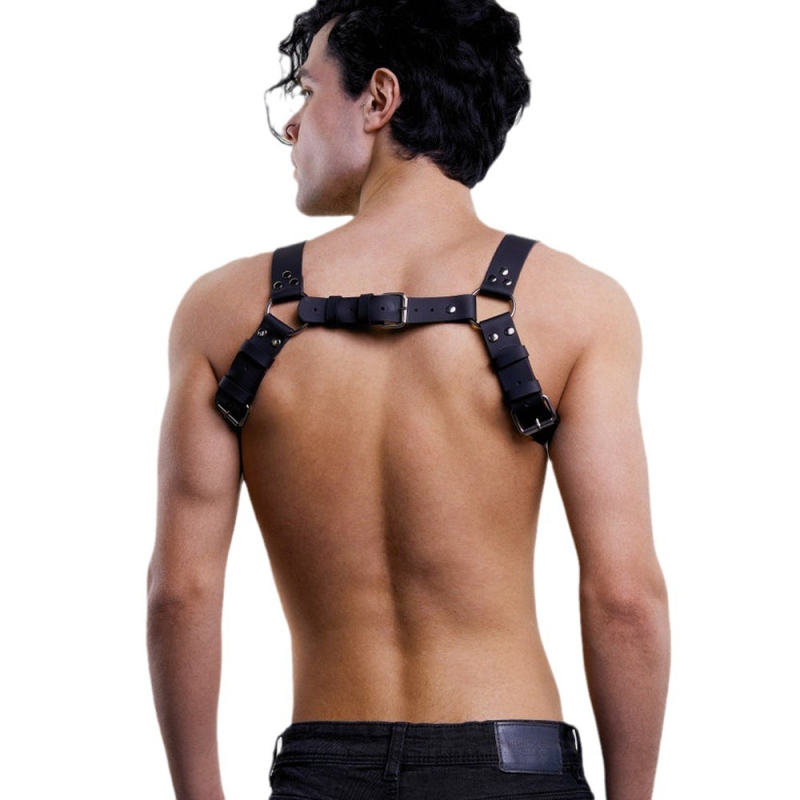 Мъжки презрамков колан за тяло с верига — PU кожа, регулируема дължина, кръстосан дизайн, 323 g