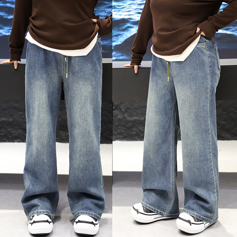 Moteriški džinsai platesnio dydžio, laisvo tiesaus kirpimo, aukštas juosmuo su elastine juosta, denim su spandexu, rudens 2025 versija