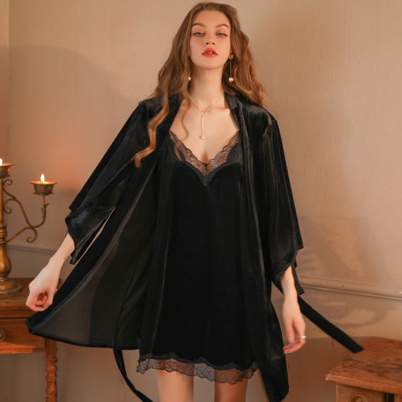 Σεξι σετ πιτζάμες με δαντέλα και βελούδο, πολυεστέρας, εξτρά παχιά 501-600 γρ/m², V-λαιμόκοψη, άνετη οικιακή ενδυμασία