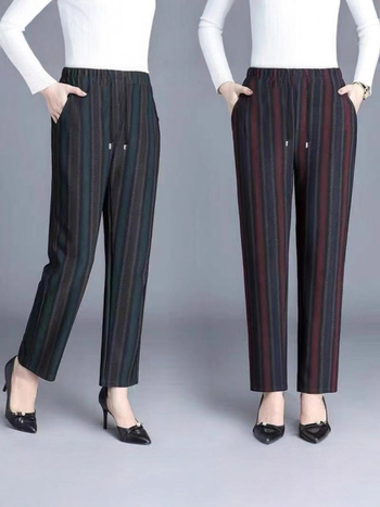 Moterų kelnės rudens-žiemos, harėmo stiliaus su languotu ir vertikalių dryžių raštu, devynių taškų ilgis, aukštas elastingumas, pieno šilko mišinys, kišenės