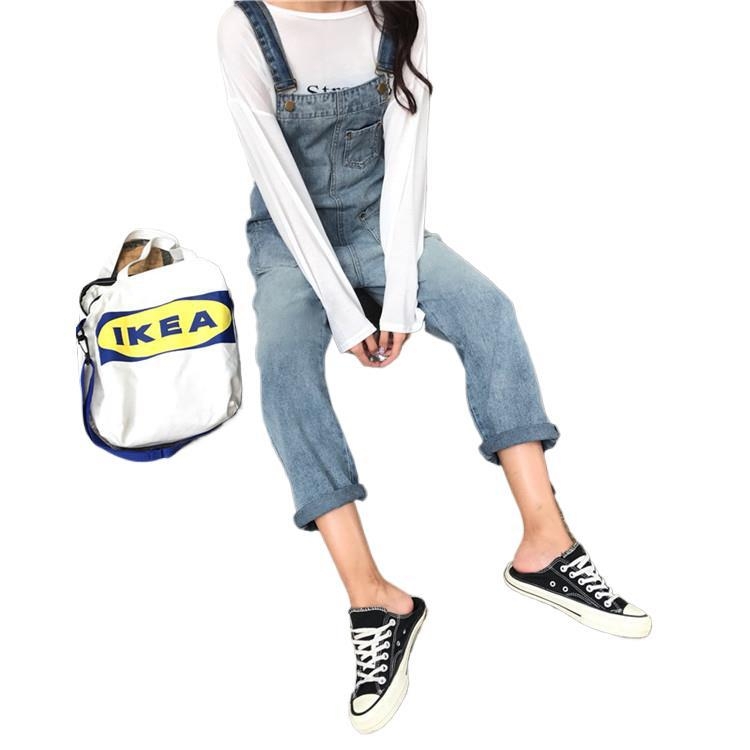 Moterų džininis kombinezonas su petnešėlėmis, koledžo stiliaus įkvėptas, aukštas liemuo, trumpas ilgis, medvilnės audinys