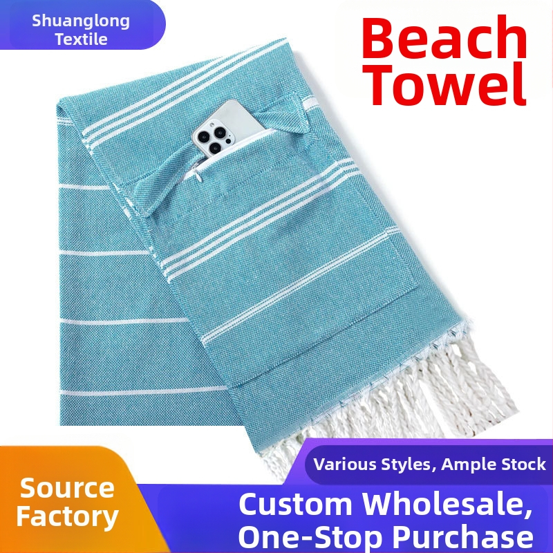 Dušės ir plaukimo rankšluostis su kišene, sugeriantis poliesterio–medvilnės mišinys, 21 siūlas, paprasta audinys, 300–400 g