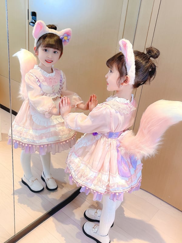 Mergaitėms Korejos stiliaus princesės suknelė, 90% medvilnė, enziminis plovimas, ruduo 2024