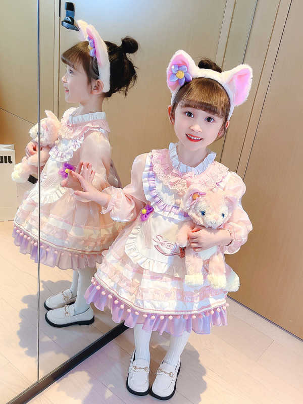 Mergaitėms Korejos stiliaus princesės suknelė, 90% medvilnė, enziminis plovimas, ruduo 2024