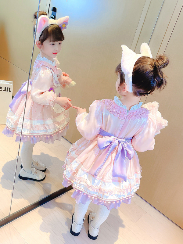 Mergaitėms Korejos stiliaus princesės suknelė, 90% medvilnė, enziminis plovimas, ruduo 2024