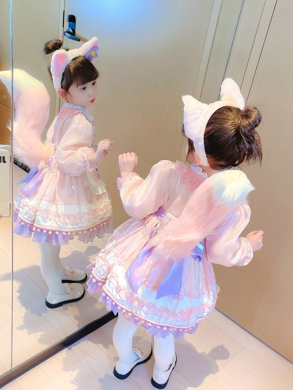 Mergaitėms Korejos stiliaus princesės suknelė, 90% medvilnė, enziminis plovimas, ruduo 2024