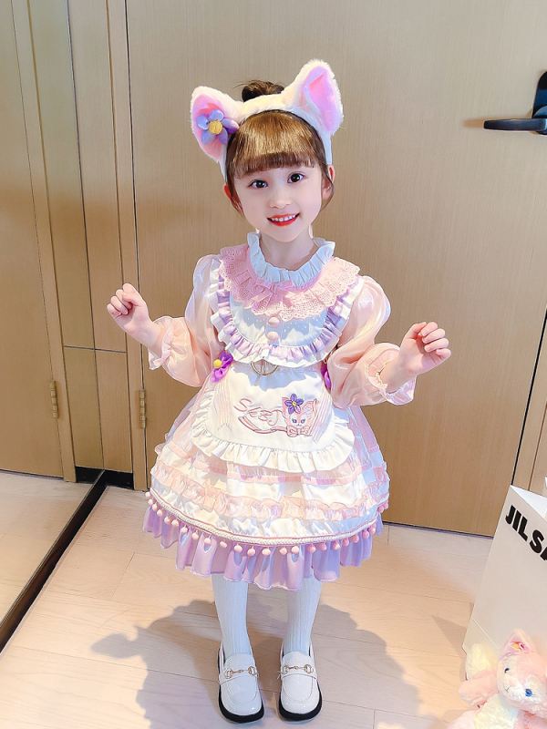 Mergaitėms Korejos stiliaus princesės suknelė, 90% medvilnė, enziminis plovimas, ruduo 2024