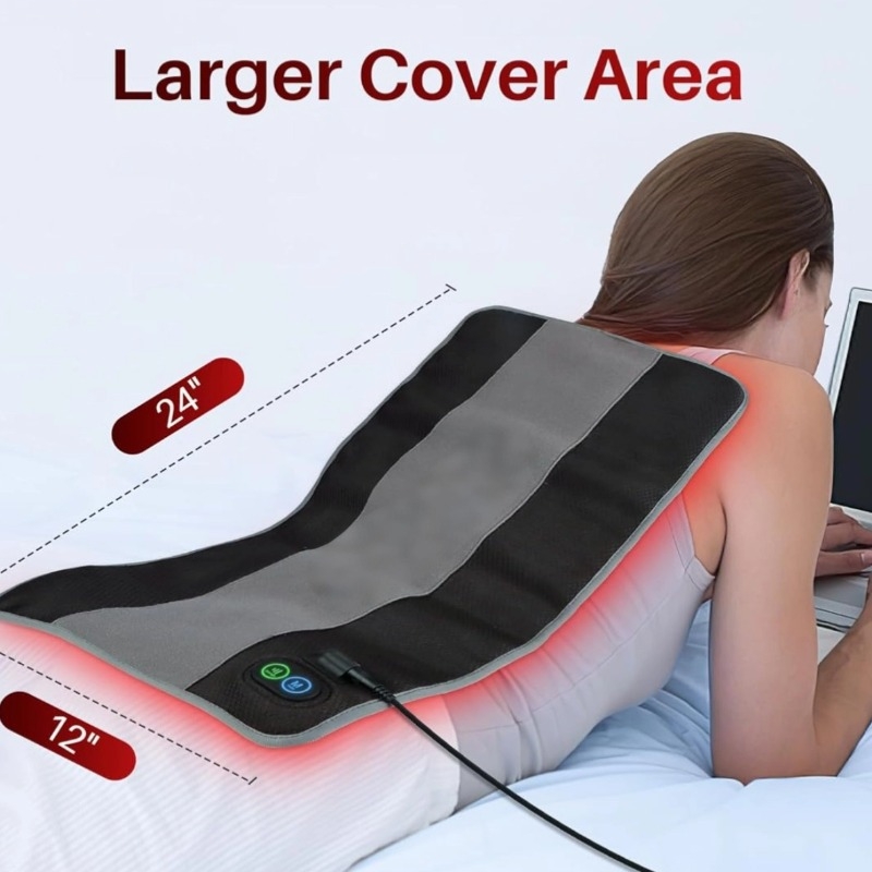 LED терапевтично одеяло за светлинна терапия — 12V, 28W, отопление до 55°C, температурен диапазон 45–55°C, CE сертифициран; зони за грижа: коленни подложки, раменни подложки, поясна защита