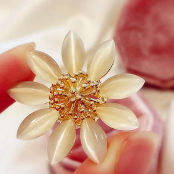 Καρφίτσα από χαλκό με λουλούδι και λίθο ματιού γάτας, Κορεάτικου στυλ, ηλεκτροπλατιωμένη