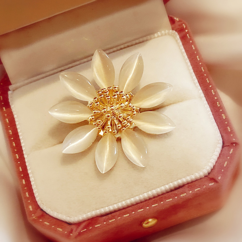 Καρφίτσα από χαλκό με λουλούδι και λίθο ματιού γάτας, Κορεάτικου στυλ, ηλεκτροπλατιωμένη