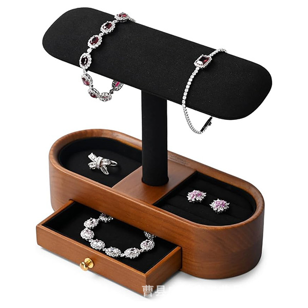 Koka pulksteņu un juvelierizstrādājumu uzglabāšanas statīvs, galda versija, 3 līmeņu displejs ar atvilktni, koks/bambuss