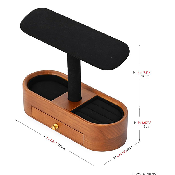 Koka pulksteņu un juvelierizstrādājumu uzglabāšanas statīvs, galda versija, 3 līmeņu displejs ar atvilktni, koks/bambuss