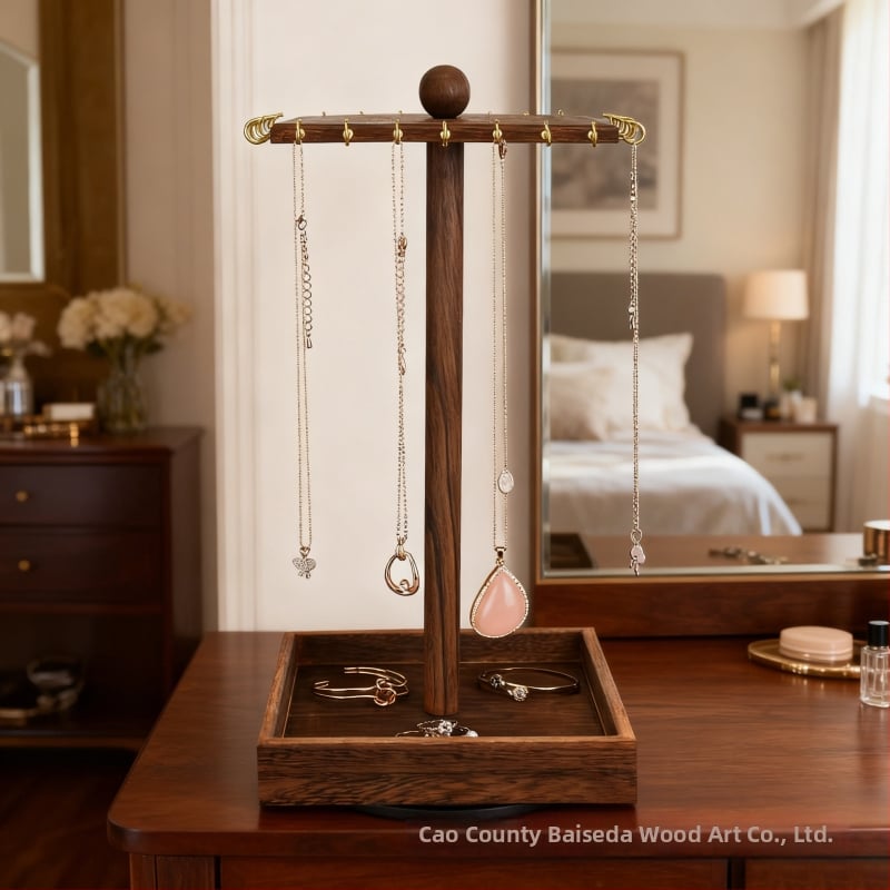 Koka rotējošs juvelieru displejs – galda stila 2 līmeņu plaukts, piemērots kaklarotām un auskarām, daudzfunkcionāla uzglabāšana