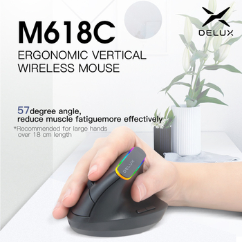 DeLUX RGB vertikalni bežični ergonomski miš – Bluetooth i 2.4GHz dvostruki način, 1600 DPI, 6 tipki, USB sučelje