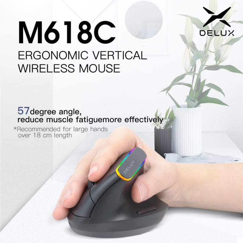 DeLUX RGB vertikalni bežični ergonomski miš – Bluetooth i 2.4GHz dvostruki način, 1600 DPI, 6 tipki, USB sučelje