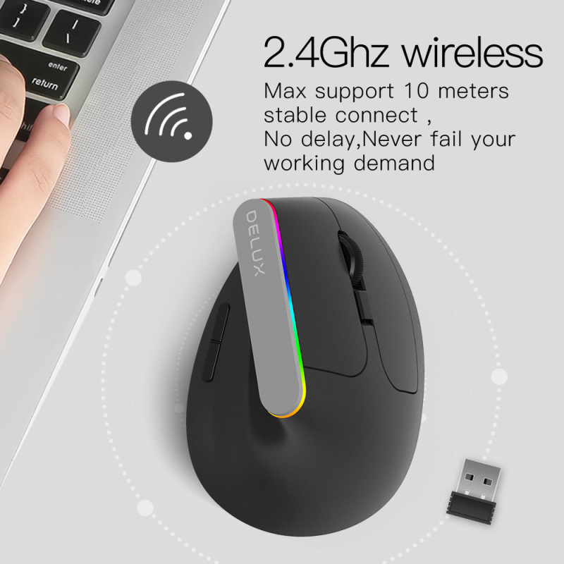 DeLUX RGB vertikalni bežični ergonomski miš – Bluetooth i 2.4GHz dvostruki način, 1600 DPI, 6 tipki, USB sučelje