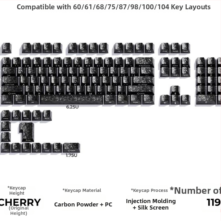 ABS klavišų dangteliai su matinės anglies pluošto tekstūra, šoninis graviravimas, nepermatomi, suderinami su 68/75/87/98/108 klaviatūromis Wooting Night Demon