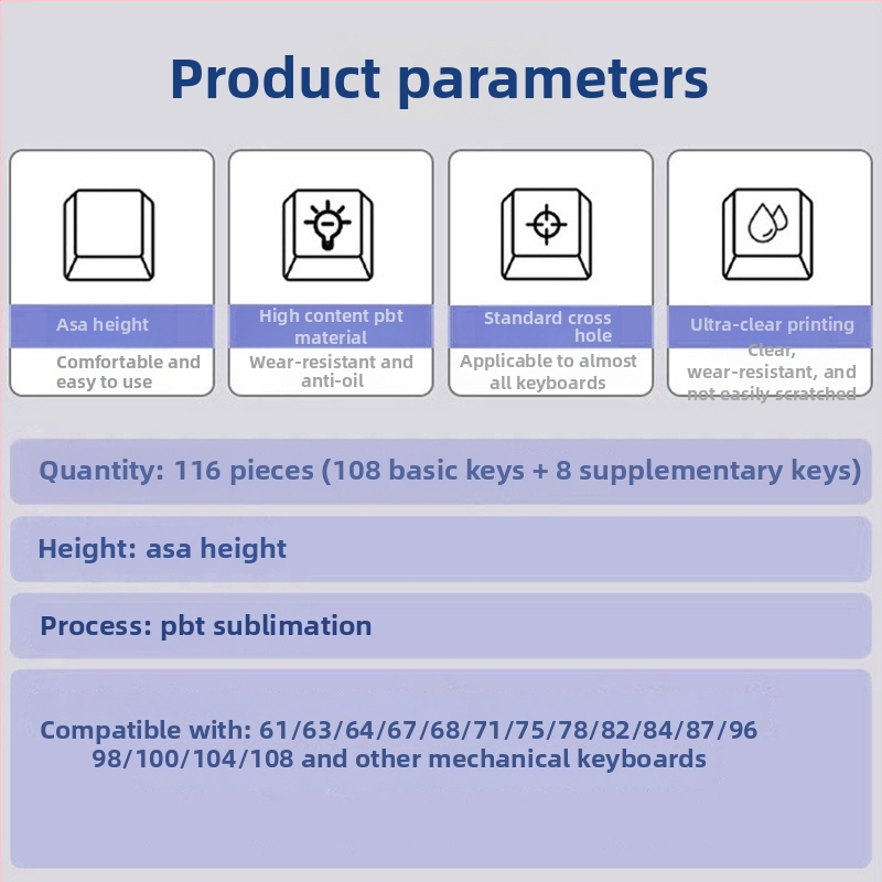 Asmeninis PBT sublimacijos klavišų dangtelių rinkinys mechaninei klaviatūrai – skaidri porcelianui įkvėpta tema – suderinama su 61/87/108 išdėstymais
