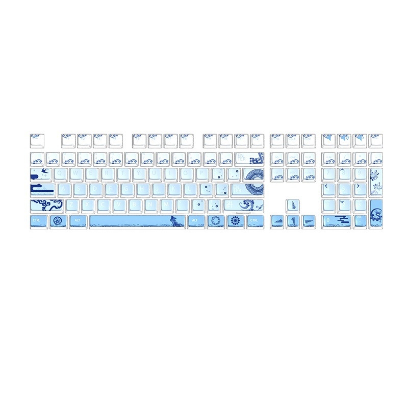 Személyre szabott PBT szublimációs billentyűfedők készlete mechanikus billentyűzethez – átlátszó porcelán ihletésű téma – kompatibilis 61/87/108 kiosztásokkal