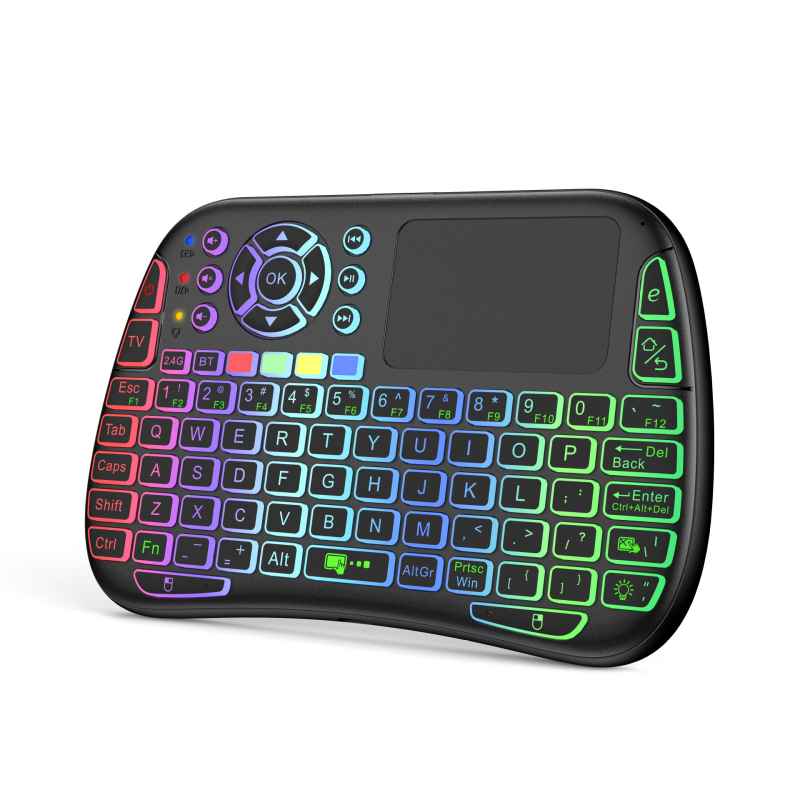 Tastatură mini wireless iluminată cu touchpad și IR învățare, model M9 – 88–98 taste, conectivitate wireless, iluminare RGB