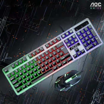 Set tastatură și mouse cablat AOC KM100 cu taste plutitoare, iluminare de fundal, 1600 DPI, USB, ergonomic și rezistent la apă