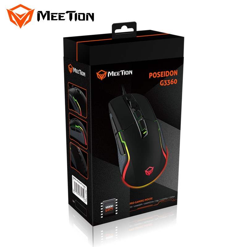 Meetion Mishen G3360 vadu RGB spēļu pele, 12000 DPI, 7 pogas, ergonomiska, 1000 Hz atjaunināšanas biežums