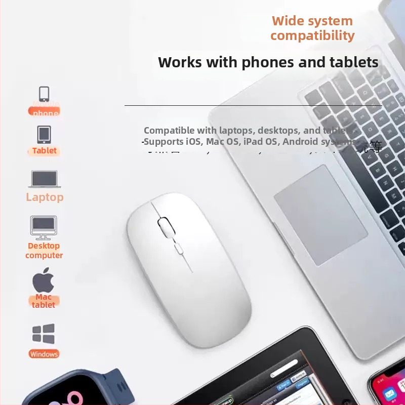 Dobíjateľná Bluetooth tichá bezdrôtová myš s dvojmódovým režimom, vhodná pre tablety, stolné počítače a notebooky