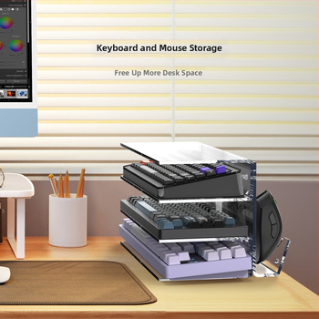 Mechaninės klaviatūros demonstracinis stovas su daugiasluoksnėmis lentynomis ir pelės saugyklos spintelė stalo naudojimui