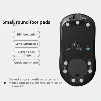 Teﬂona peles kājiņu uzlīmes, apaļas, der visiem peli modeļiem, pretslīdēšanas un izturīgas pret nolietojumu, biezums 0,6 mm (ar līmi 0,14 mm, kopējais 0,8–1,0 mm), platums 6,5 mm, mehāniskā apstrāde, OEM apstrāde