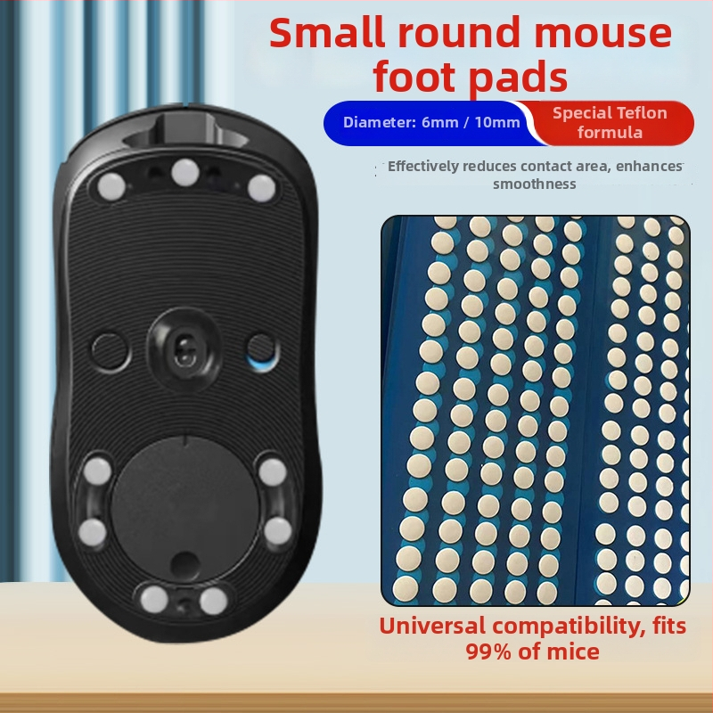 Teﬂona peles kājiņu uzlīmes, apaļas, der visiem peli modeļiem, pretslīdēšanas un izturīgas pret nolietojumu, biezums 0,6 mm (ar līmi 0,14 mm, kopējais 0,8–1,0 mm), platums 6,5 mm, mehāniskā apstrāde, OEM apstrāde