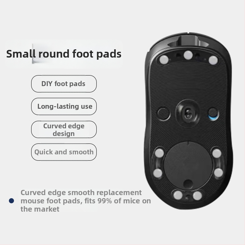 Teﬂona peles kājiņu uzlīmes, apaļas, der visiem peli modeļiem, pretslīdēšanas un izturīgas pret nolietojumu, biezums 0,6 mm (ar līmi 0,14 mm, kopējais 0,8–1,0 mm), platums 6,5 mm, mehāniskā apstrāde, OEM apstrāde