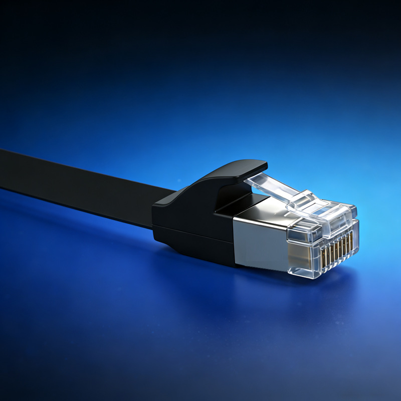 Cat 6 plošni Gigabit Ethernet kabel s RJ45 kristalnim konektorom – 1 Gbps, plošni dizajn, za kućnu/uredu mrežu, radna temperatura -20…60°C, skladišna -30…70°C, nategnuta čvrstoća ≥10 MPa, tlačna čvrstoća ≥10 MPa