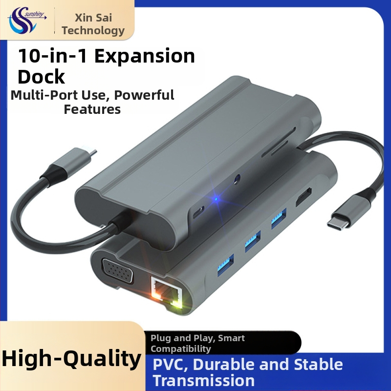 USB-C rozširovací dok s 3× USB 3.0 porty, SD/TF čítačky kariet, HDMI a VGA, Gigabit Ethernet