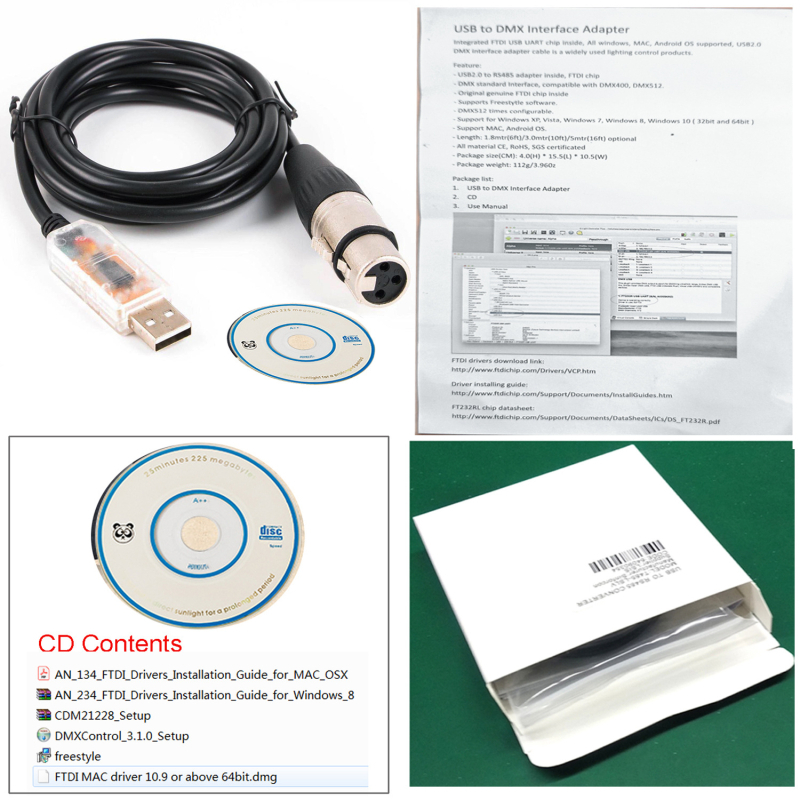 Cablu adaptor USB DMX pentru iluminat - interfață USB, DMX RS-485, conductor din cupru, conform RoHS și CE, compatibil PC